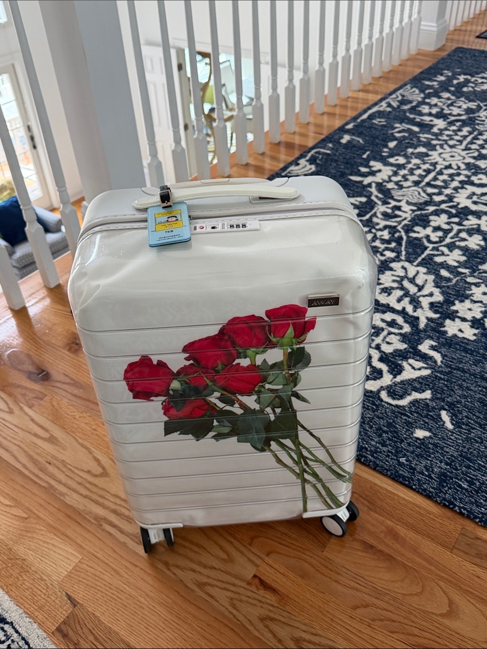 Away White Carry-On Luggage with Red Rose Bouquet Graphic